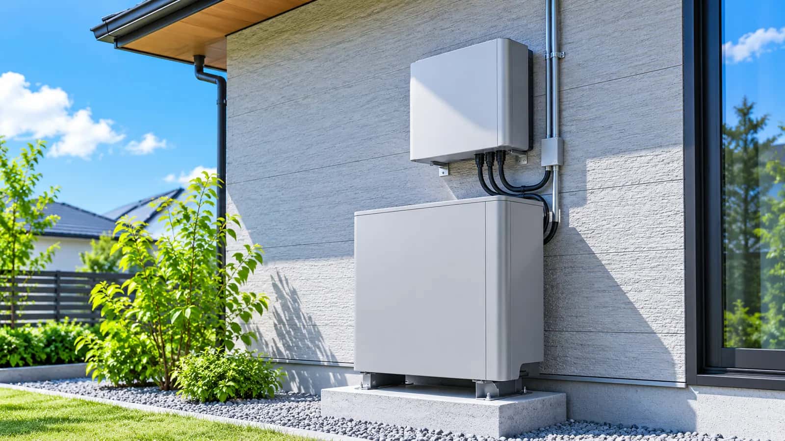 外壁に設置されたパワーコンディショナと屋外蓄電池のイメージ