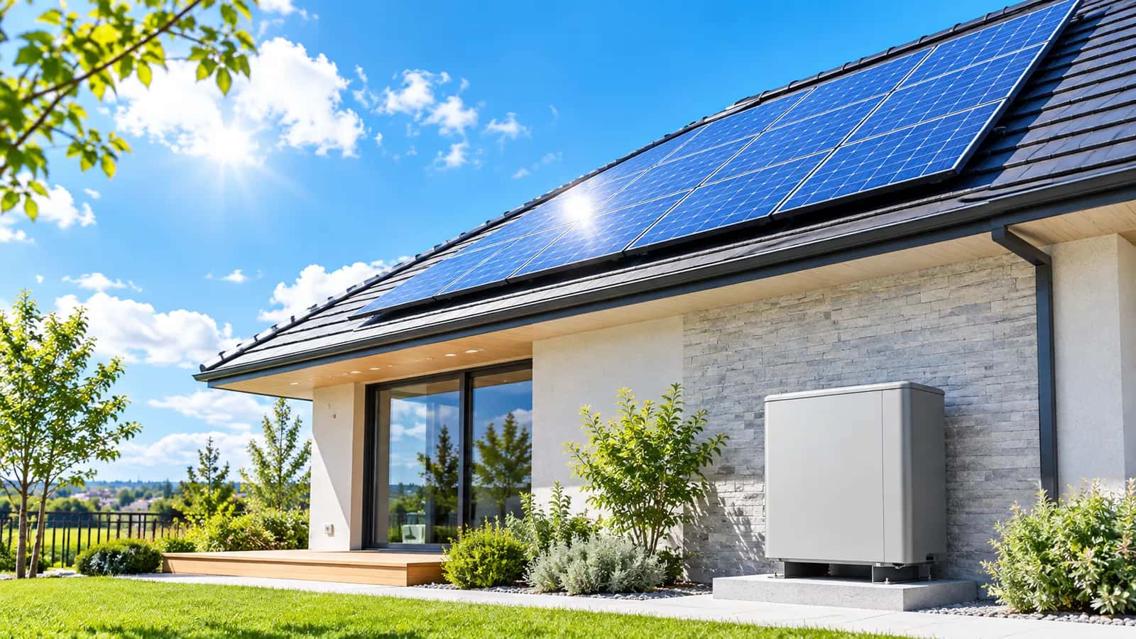 太陽光パネルと屋外蓄電池を備えた住宅の昼のイメージ