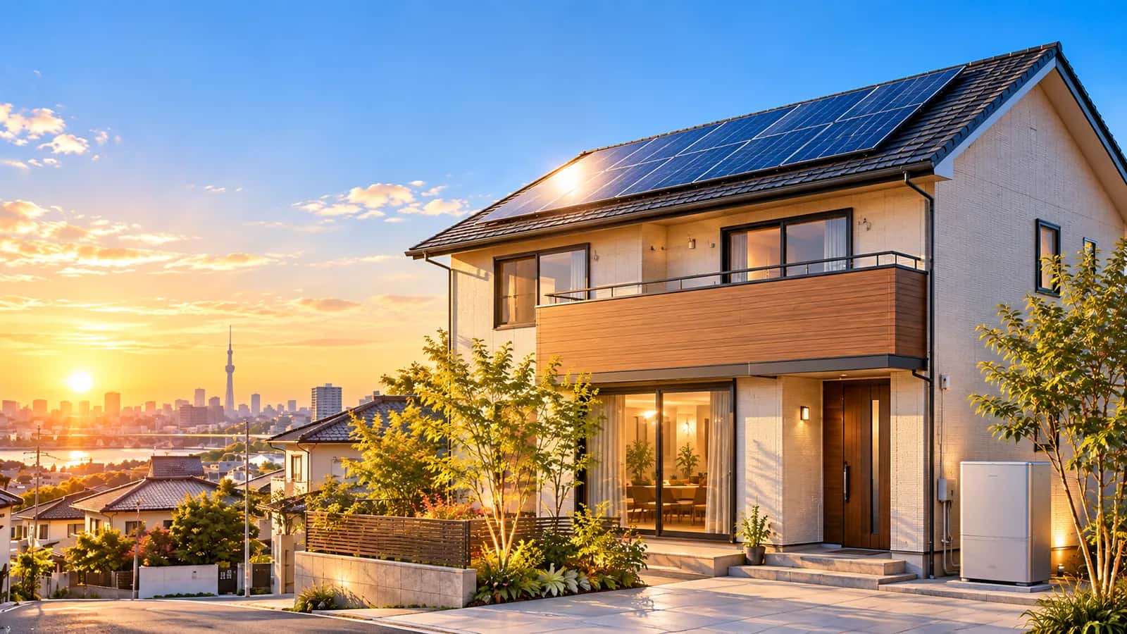太陽光パネルと屋外蓄電池を備えた住宅の夕景イメージ