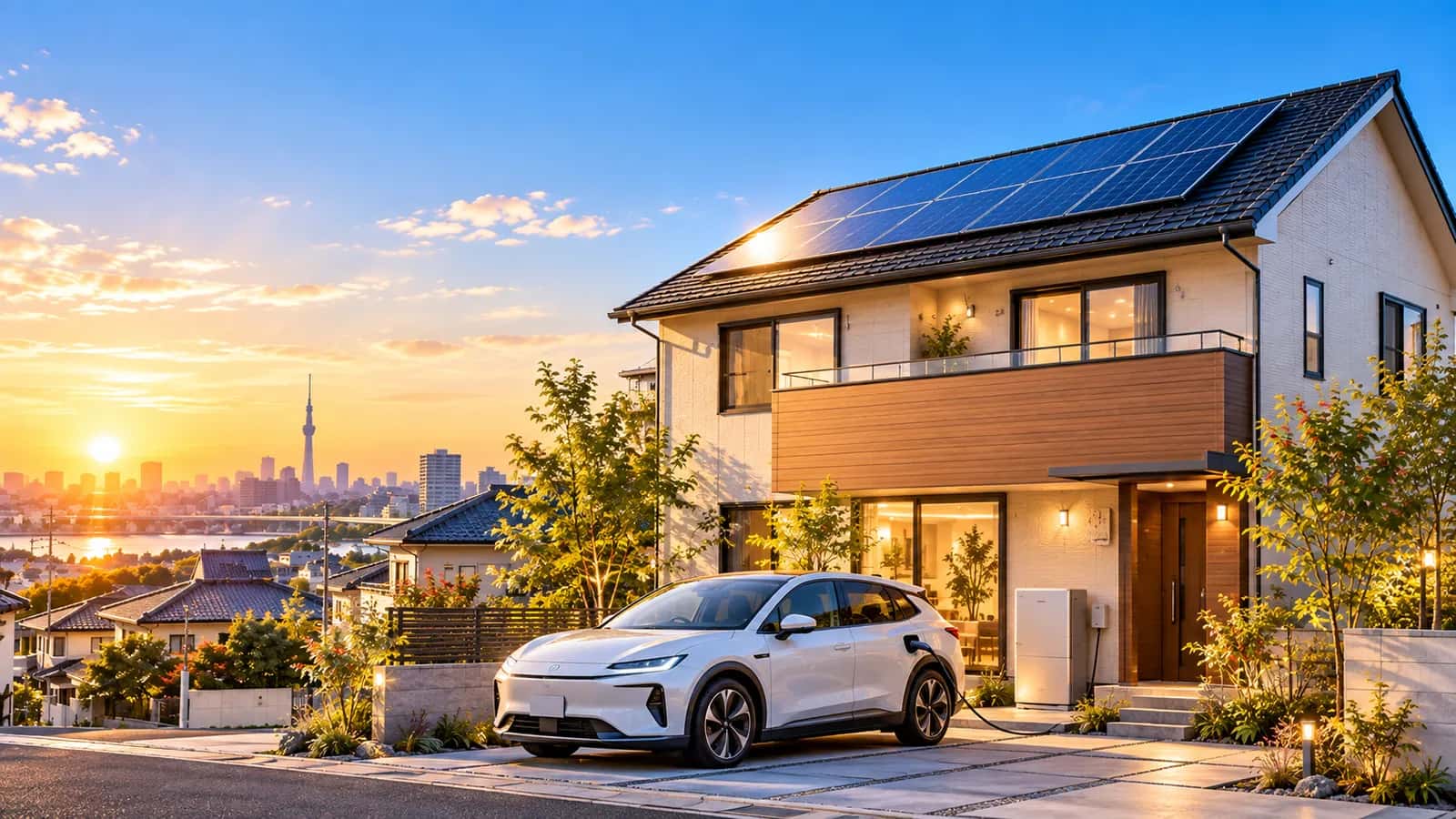 太陽光パネル・蓄電池・電気自動車を備えた住宅のイメージ
