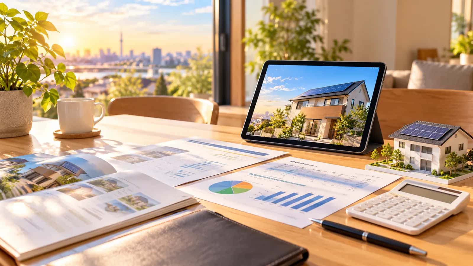 タブレットと資料で太陽光発電の計画を確認する打ち合わせのイメージ