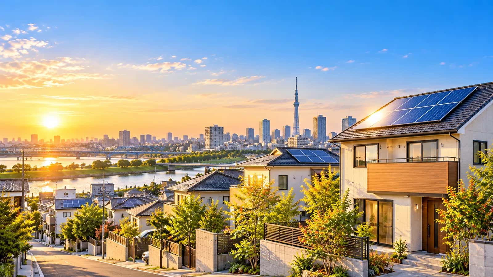 戸建住宅が並ぶ住宅街と夕暮れの街並みのイメージ