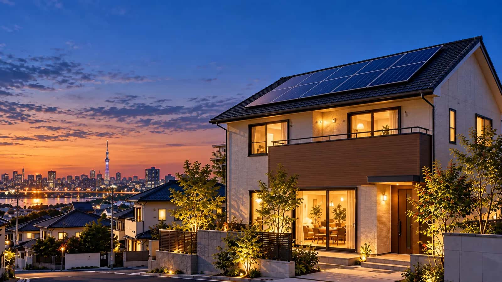 夕暮れに明かりの灯る太陽光パネル付き住宅のイメージ